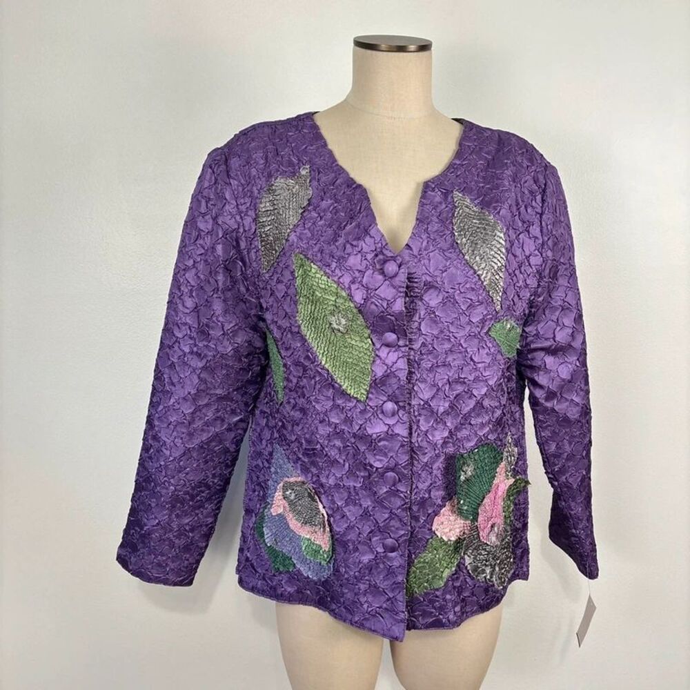 VTG Y2K Joni B L Purple Crinkled Textured Floral Applique Art to Wear Jacket NWT